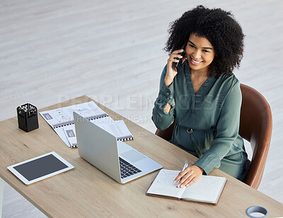 Buy stock photo Business woman, laptop and phone call in office for tech communication or digital marketing planning. African girl. corporate workplace and networking online or writing management schedule in book
