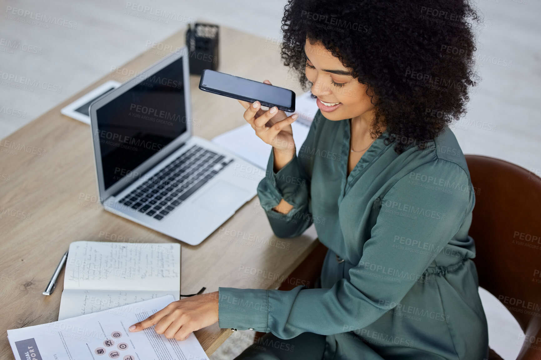 Buy stock photo Business woman, phone and voice recording for telecommunication, consultation or advice at the office. Black female employee having a marketing discussion on speaker or phone call at the workplace