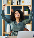 Corporate success, celebration and business woman winning while trading on a laptop at work. Motivation, achievement and employee happy and excited about stock market on the internet with a computer
