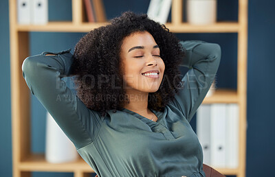 Buy stock photo Peace, relax and black woman in office happy taking
break from attorney work for mental health. Calm, health and wellness of lawyer in workplace with joyful smile stretching and resting mind.

