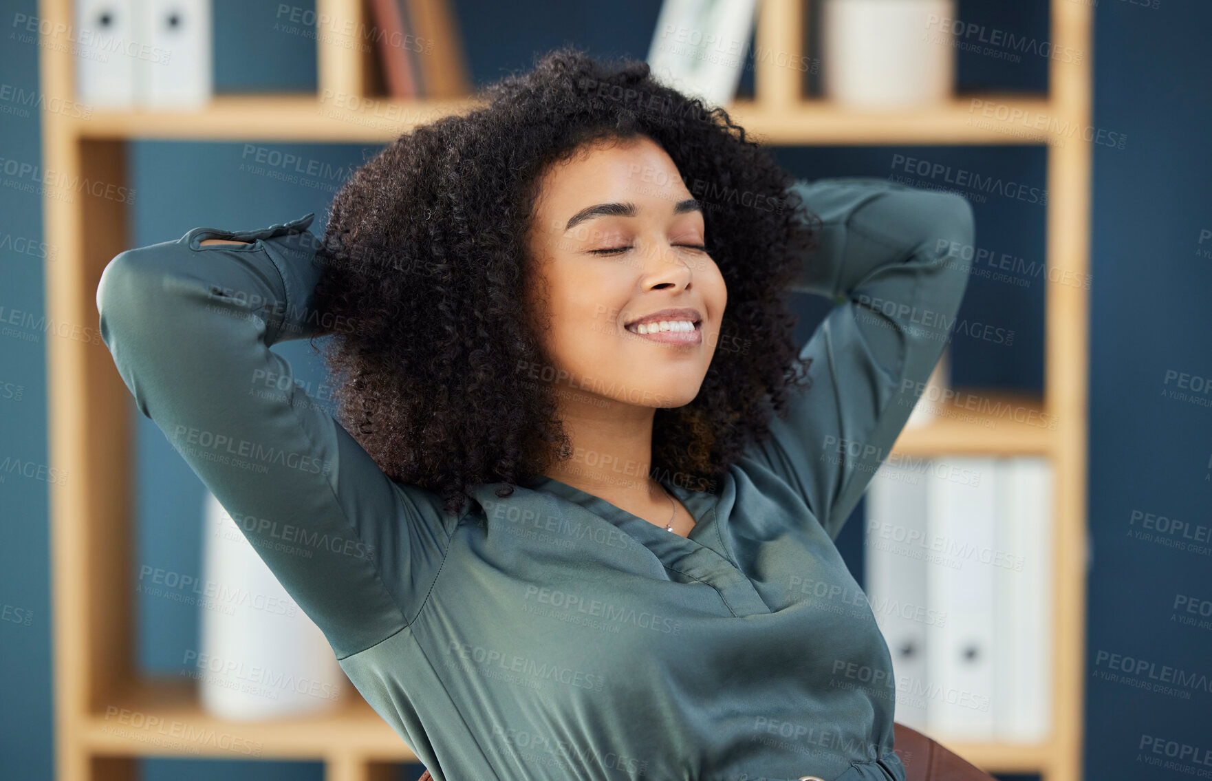 Buy stock photo Peace, relax and black woman in office happy taking
break from attorney work for mental health. Calm, health and wellness of lawyer in workplace with joyful smile stretching and resting mind.

