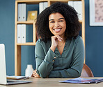 Face, happy and human resources with a business black woman sitting at a desk in her office. Portrait, smile and interview with a female hr manager working in hiring or recruitment for a company