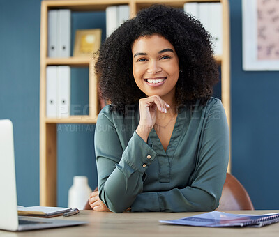 Buy stock photo Face, happy and human resources with a business black woman sitting at a desk in her office. Portrait, smile and interview with a female hr manager working in hiring or recruitment for a company