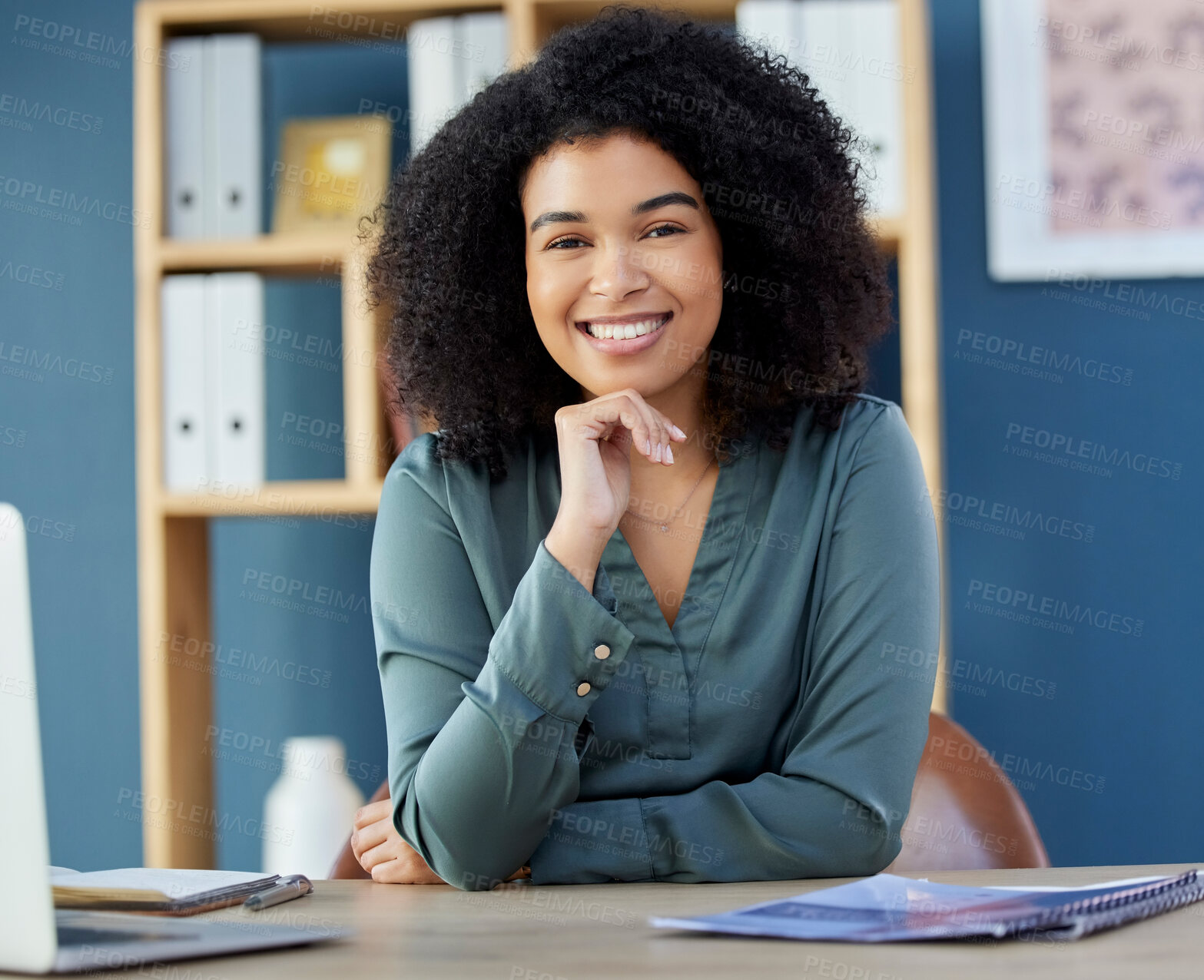 Buy stock photo Business, woman and portrait of lawyer or legal advocate at her desk in the office ready for a case. Attorney, front and african American businesswoman proud of her management law firm workplace