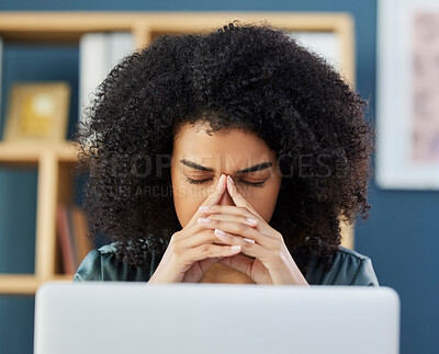 Buy stock photo Stress, headache and woman with laptop, anxiety and mental health in office. Audit, fail and debt, overworked and tired corporate worker thinking, depression and and of tax report and online proposal