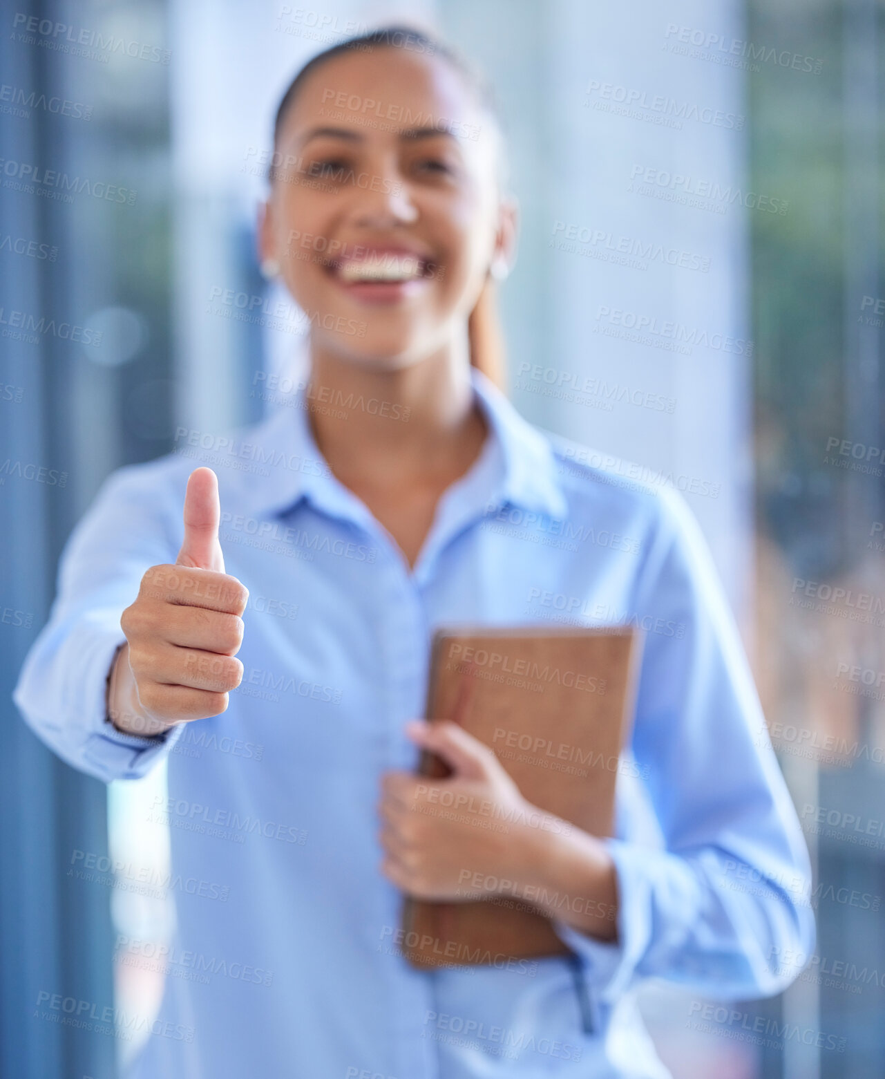 Buy stock photo Business woman, thumbs up and success with hand sign for motivation, goal and growth showing happiness and pride for career choice. Female entrepreneur with finger for yes, achievement and agreement