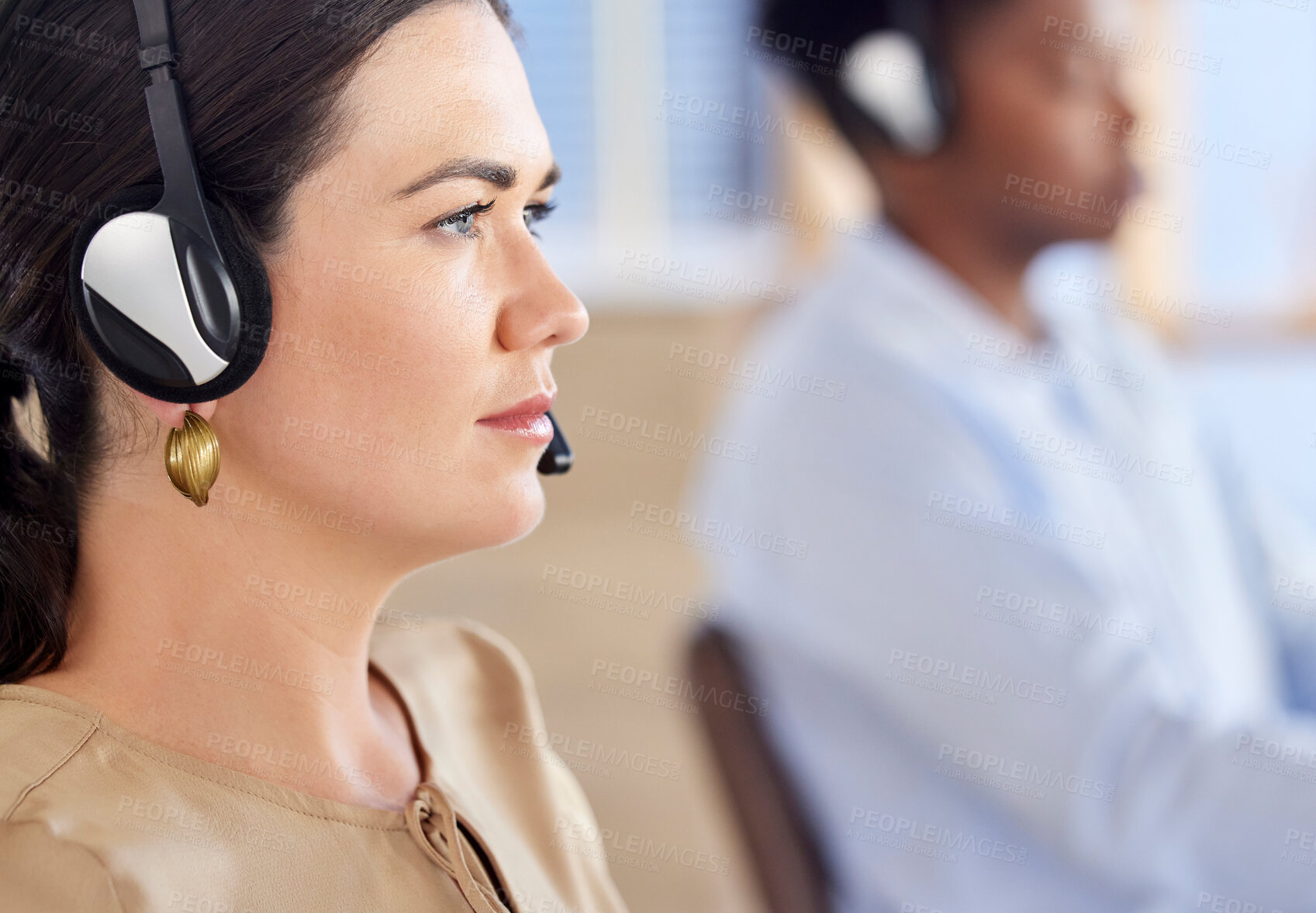 Buy stock photo Call center, telemarketing and business woman in office workplace desk for sales communication, financial advice and crm strategy with focus. IT support, virtual advisor or consultant with headphones