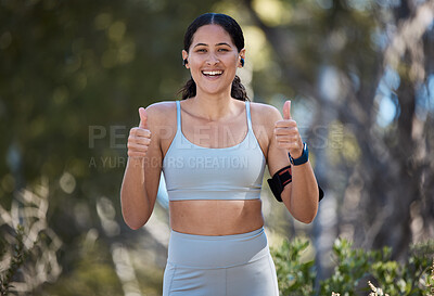 Buy stock photo Fitness, woman and thumbs up for exercise, nature or healthy workout run with smile in the outdoors. Portrait of happy female smiling showing thumbsup for good health training or running at the park