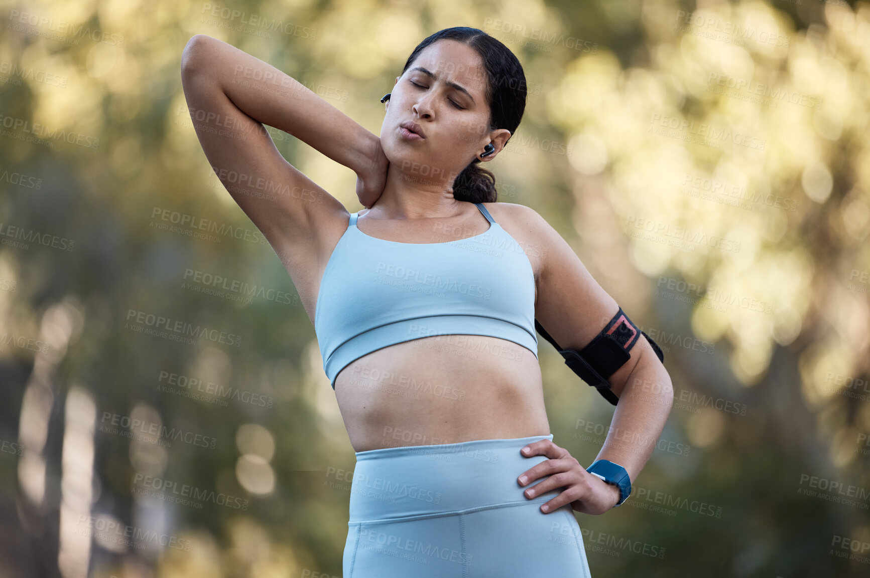 Buy stock photo Fitness, exercise and neck pain with a sports woman holding a muscle or joint injury during an outdoor workout in nature. Training, health and anatomy with a female athlete suffering with a strain