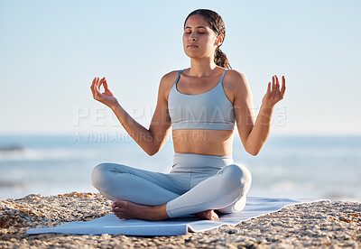 Buy stock photo Woman, beach and yoga meditation for mind, body and spiritual wellness in summer sunshine. Girl, fitness or training for zen, mindfulness or peace by ocean, sea or sky for self care, relax or breathe