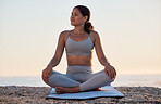 Meditation, gen z woman and beach yoga, calm balance and spiritual prayer outdoor during sunset in nature. Young female, fitness training and zen exercise, faith and breathe at ocean, sea or wellness