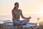 Woman, beach and happy for yoga meditation, wellness and relax outdoor in summer sunset. Girl, breathe or training for peace, mindfulness or zen by ocean, sea or sky for self care fitness in sunshine