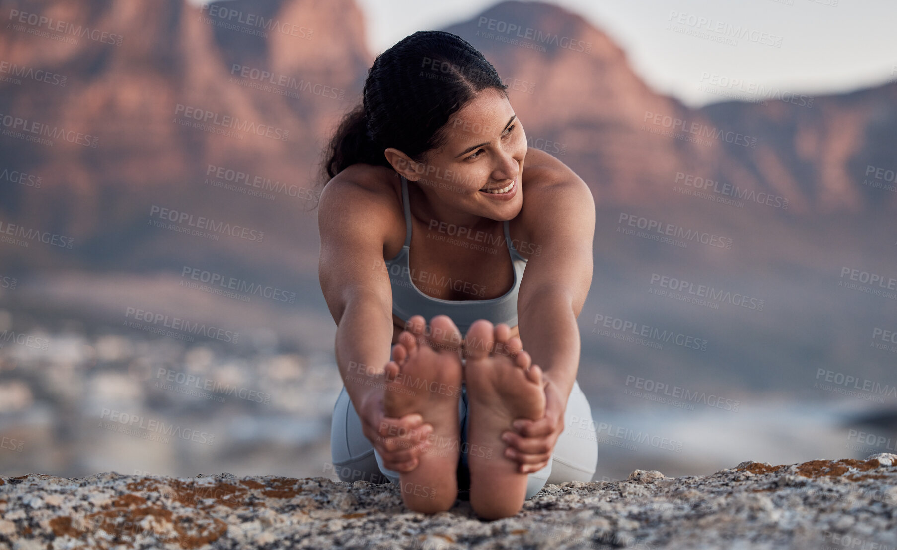 Buy stock photo Fitness, yoga and stretching with a woman on the beach for wellness, mental health or exercise in nature. Environment, peace and thinking with a female athlete doing a warm up for zen training