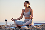 zen meditation, woman and relax outdoor for healthcare wellness, mindfulness or chakra energy health. Reiki, yoga fitness training and healthy mindset exercise or spirital pilates workout in summer 