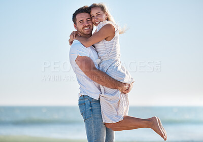 Buy stock photo Couple portrait, love and beach holiday, travel and freedom in summer, happy smile and freedom in hawaii. Blue sky, nature and hug with man, woman and vacation together at ocean, sea and happy couple