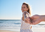 Couple, beach and holding hands with woman in pov with love, smile and quality time together. Girl, man and hand touch with happiness, bonding and romance by ocean for happy couple in summer sunshine