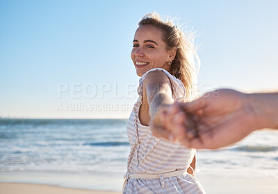 Buy stock photo Couple, beach and holding hands with woman in pov with love, smile and quality time together. Girl, man and hand touch with happiness, bonding and romance by ocean for happy couple in summer sunshine