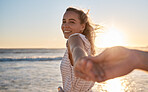 Couple, holding hands and love together at sunset, travel and adventure with romantic beach vacation portrait. Relationship, ocean and peace, support and trust in relationship with bonding mockup.