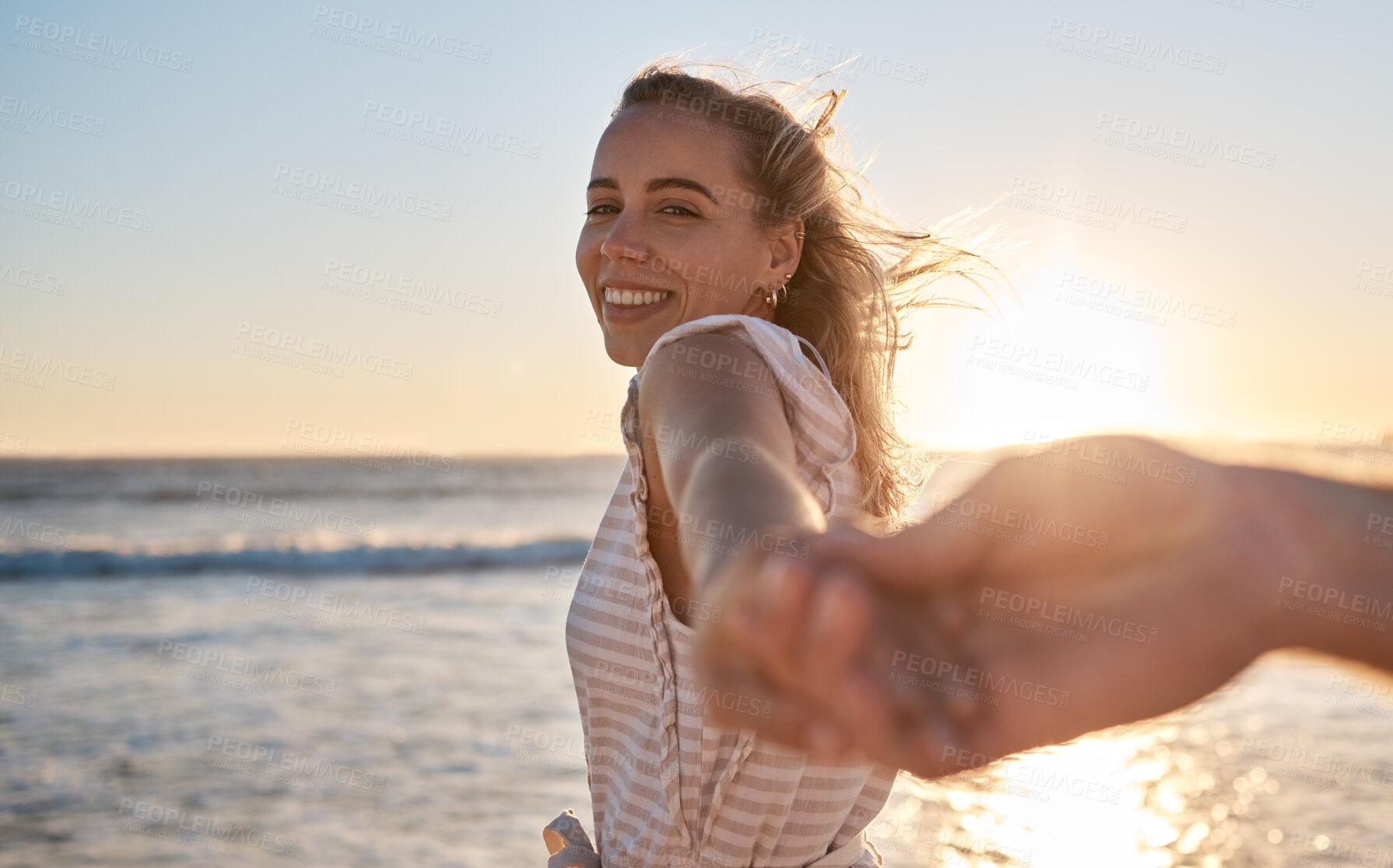 Buy stock photo Couple at beach, holding hands and love at sunset, travel together and adventure with romantic vacation portrait. Relationship with care, ocean and peace, support or trust and bonding with mockup.