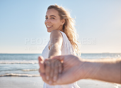 Buy stock photo Beach, love and support with a couple holding hands on a walk, relax and happy for tropical holiday. Adventure, travel and portrait of a woman with affection, care and trust for a man by the sea