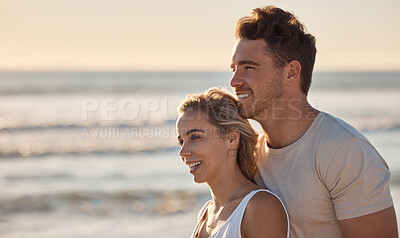 Buy stock photo Love, beach and mockup with a young couple bonding outdoor in nature on a date or summer vacation. Relax, sea and travel with a man and woman in nature together enjoying a holiday or dating
