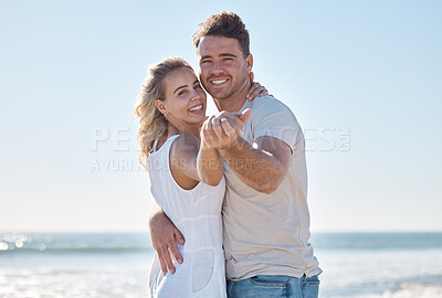 Buy stock photo Couple, portrait smile and hug on the beach for love, care or romantic bonding together in the outdoors. Happy man and woman smiling in happiness for summer vacation or relationship romance by ocean