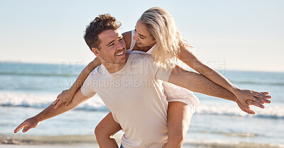 Buy stock photo Beach, couple and love together for relax freedom travel or playful holiday, adventure and fun. Happy man, woman smile and marriage relationship bond, honeymoon and piggback support in summer