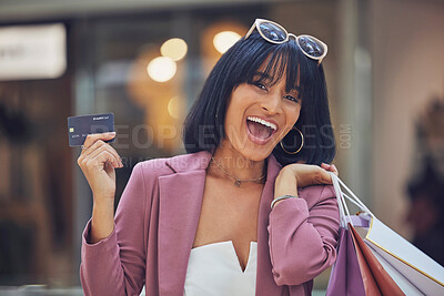 Buy stock photo Shopping, credit card and happy woman, portrait and mall, money and finance for luxury promotion, retail payment and discount in store, market and boutique. Rich customer, account and shopping mall 