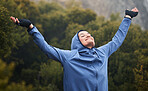Fitness, peace and woman with gratitude, freedom and success with hands up in spiritual prayer or worship. Winter, forest and healthy girl with a happy smile after training or running in nature