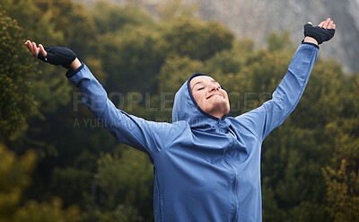 Buy stock photo Fitness, peace and woman with gratitude, freedom and success with hands up in spiritual prayer or worship. Winter, forest and healthy girl with a happy smile after training or running in nature