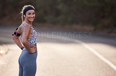 Buy stock photo Woman, runner and portrait with copy space, outdoor and road for fitness, health and exercise in sun. Summer running, girl and mockup with smile, happy and healthy on street with nature for mock up