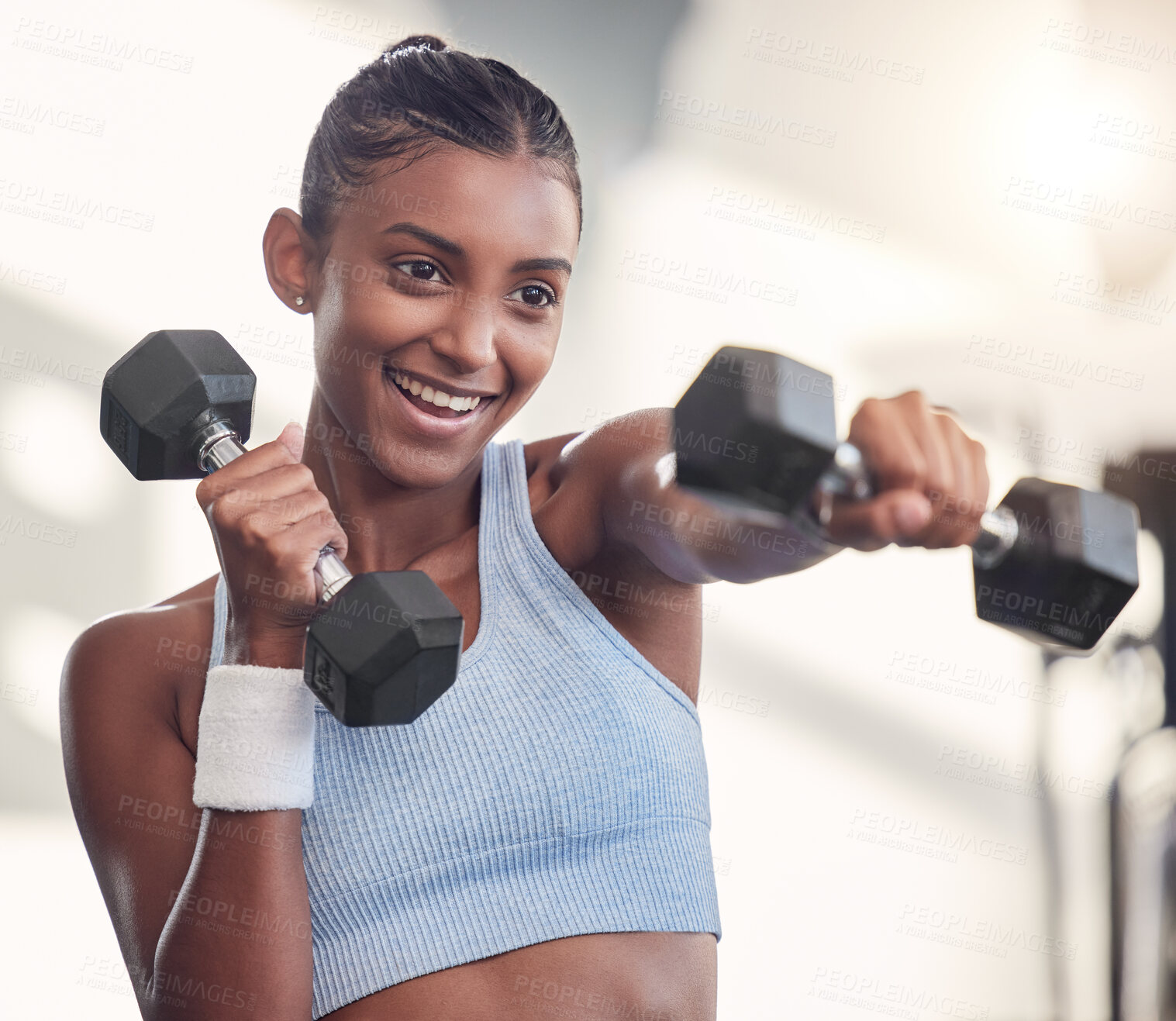 Buy stock photo Woman, dumbbell or punching in gym workout, training or exercise in muscle growth, strong body or wellness target goal. Smile, happy or fitness athlete weightlifting heavy metal in Indian health club