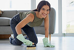 Happy woman, cleaning service and scrub living room floor, ground and brush in lounge, home or apartment. Spring cleaning, sweeping and housekeeping of young maid, housewife and maintenance cleaner