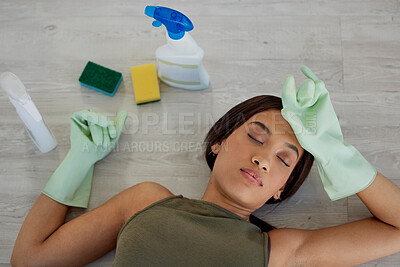 Buy stock photo Burnout, housework and woman sleeping on floor while doing chores with rubber gloves and detergent. Sleep, house work and tired mother asleep on ground, exhausted while busy cleaning and washing home