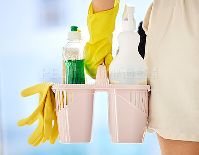 Buy stock photo Cleaning, product and soap with hands of woman with bucket for bacteria, safety and chemical. Dust, spray and liquid with cleaner and container for disinfection, healthcare and germs protection