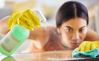 Buy stock photo Spray bottle, cloth and woman cleaning table from bacteria, germs or dirt with disinfectant liquid. Housekeeping, hygiene and maid or cleaner with chemical to wipe dust on furniture in home or office