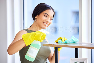 Buy stock photo Spray bottle, fabric cloth and cleaner cleaning wooden furniture with chemical bacteria disinfectant for home housekeeping. Dust cleaning service, hygiene product and black woman sanitize surface