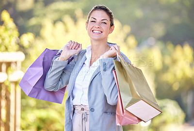 Buy stock photo Retail, shopping bag and happy with portrait of woman spending for luxury, sales and fashion spree. Gift, products and boutique with customer buying clothes for consumer, retail therapy and store