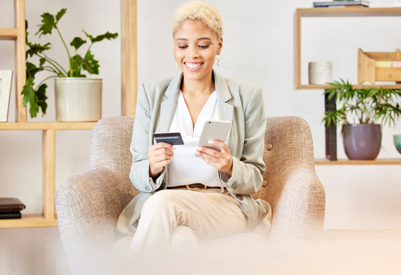 Buy stock photo Happy, phone and business woman with a credit card for online shopping payment or financial banking online at home. Smile, finance and excited African girl customer on a fintech or ecommerce website 