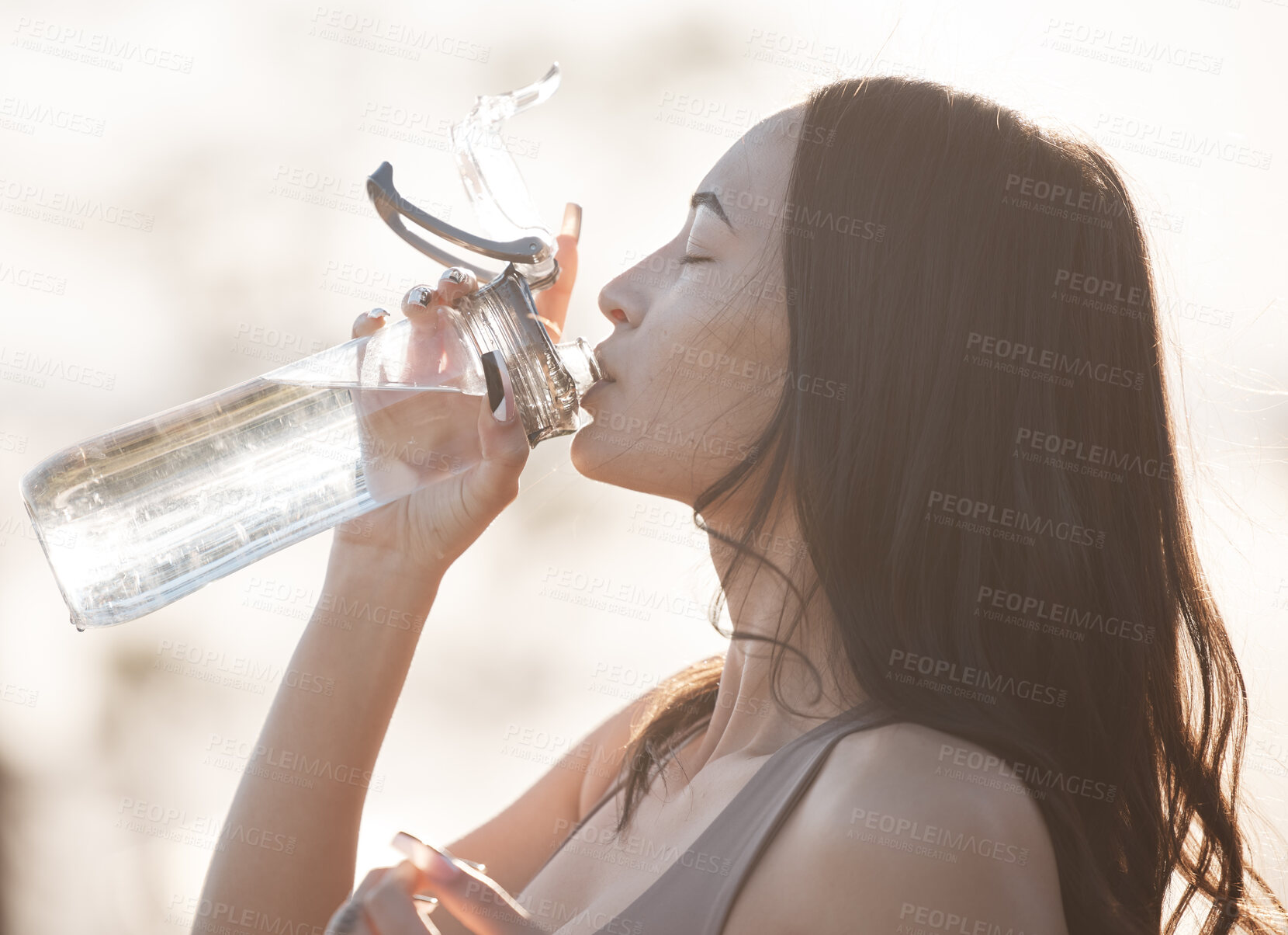 Buy stock photo Drinking water, fitness and woman after running training, workout and exercise in nature. Wellness, health and morning female athlete with water bottle before runner sport and walking thirsty 