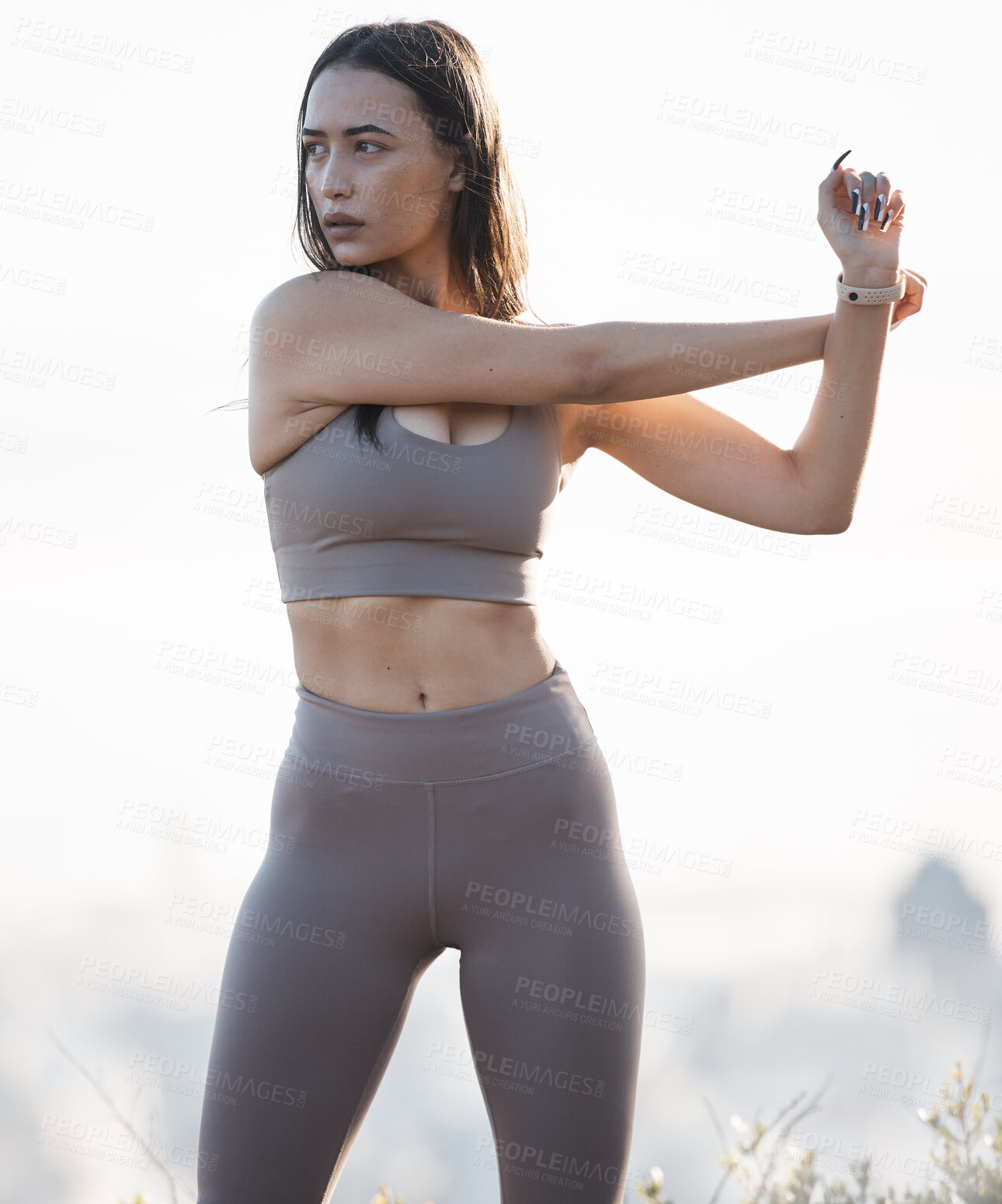 Buy stock photo Fitness, nature and woman stretching in running training, cardio exercise or outdoor workout in peace. Focus, morning and healthy sports girl runner ready to start activity or exercising a slim body