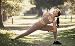 Fitness, exercise and woman stretching in park for body wellness, health and strong performance. Nature, summer and girl athlete doing warm up, stretch legs and exercising before running and training