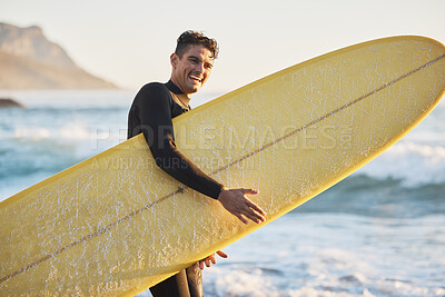 Buy stock photo Portrait, man and surfing board, beach and summer training, freedom and happiness outdoors in South Africa. Portrait of happy surfer guy, ocean and sea water, relax and happiness for nature adventure