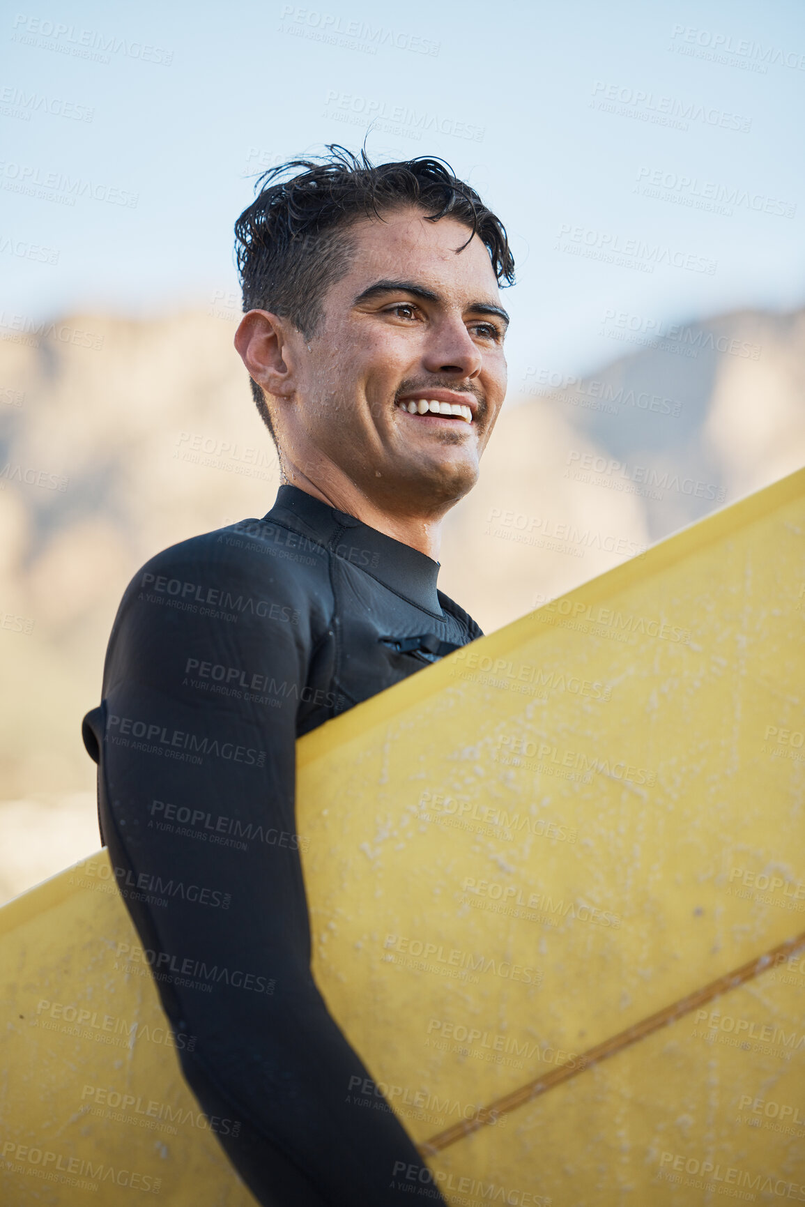 Buy stock photo Happy surfer, man carrying surfboard and board for surfing sport on ocean waves for fitness workout, summer wellness surf and water training exercise. Beach freedom, sea wetsuit and surf in Australia