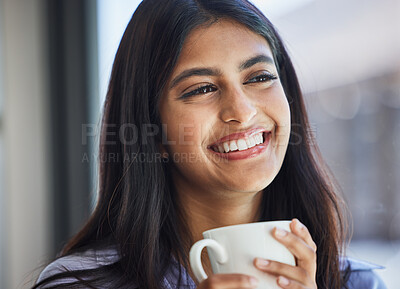 Buy stock photo Woman, smile and mug for coffee in home for thinking, relax or vision by lounge, window or room. Girl, happy and drinking cup for beverage, tea or coco in living room, house or apartment for daydream