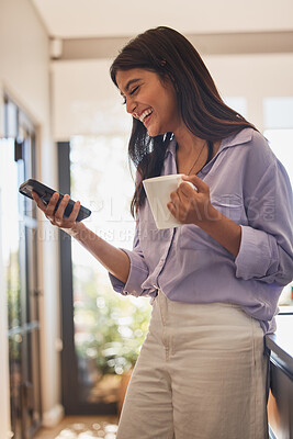 Buy stock photo Happy woman, phone and coffee or tea at home while online for communication or social media and laughing at funny joke or meme. Female in her India house with smartphone for ecommerce or dating app