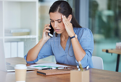 Buy stock photo Business woman, phone call and headache in communication, stress or burnout at the office. Female suffering from mental health problems in conversation, discussion or consulting on phone at workplace