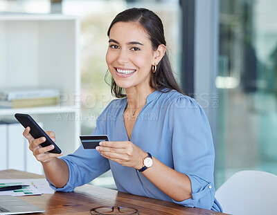 Buy stock photo Credit card, online shopping or woman with phone for banking, internet or web for fintech, bill or tax payment. Happy portrait, smile or girl with shopping, trading or ecommerce investment planning.
