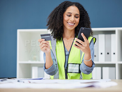 Buy stock photo Credit card, phone and construction worker woman with online shopping app for logistics, supplier or hardware stock market. Mobile app, architecture and engineer on smartphone for e commerce website
