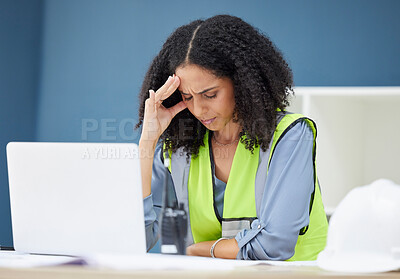 Buy stock photo Construction, stress and woman engineer at laptop, architect or contractor in office with headache from work. Burnout, anxiety and deadline for building project, black woman in safety vest at desk.